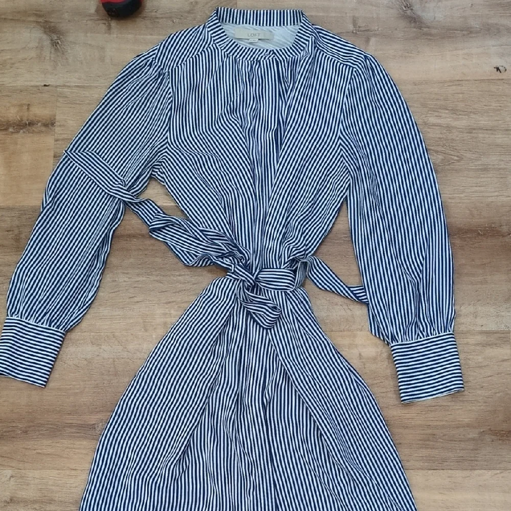 LOFT Navy and White Striped Long Sleeve Dress - Picture 1 of 6